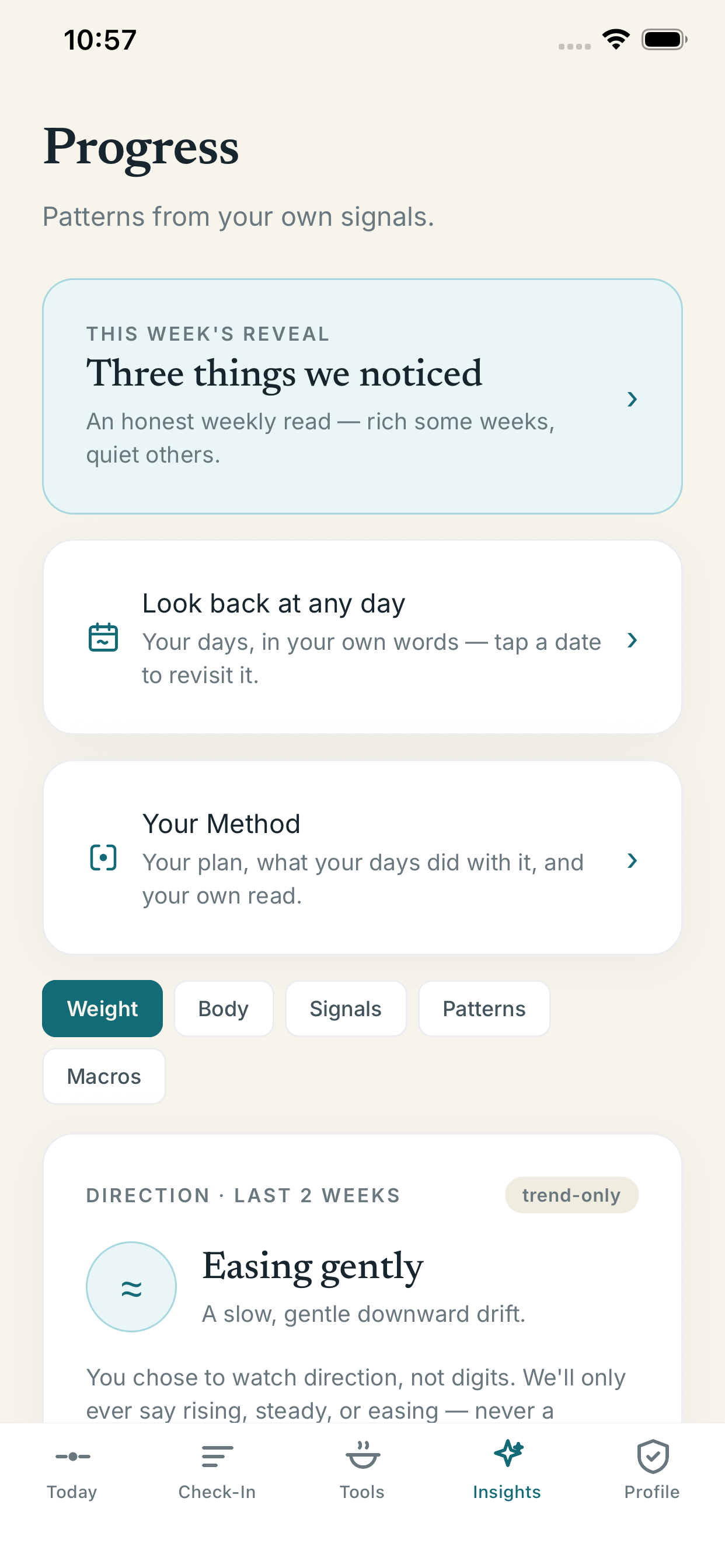 BodyTide Insights screen showing noticed patterns and progress views.