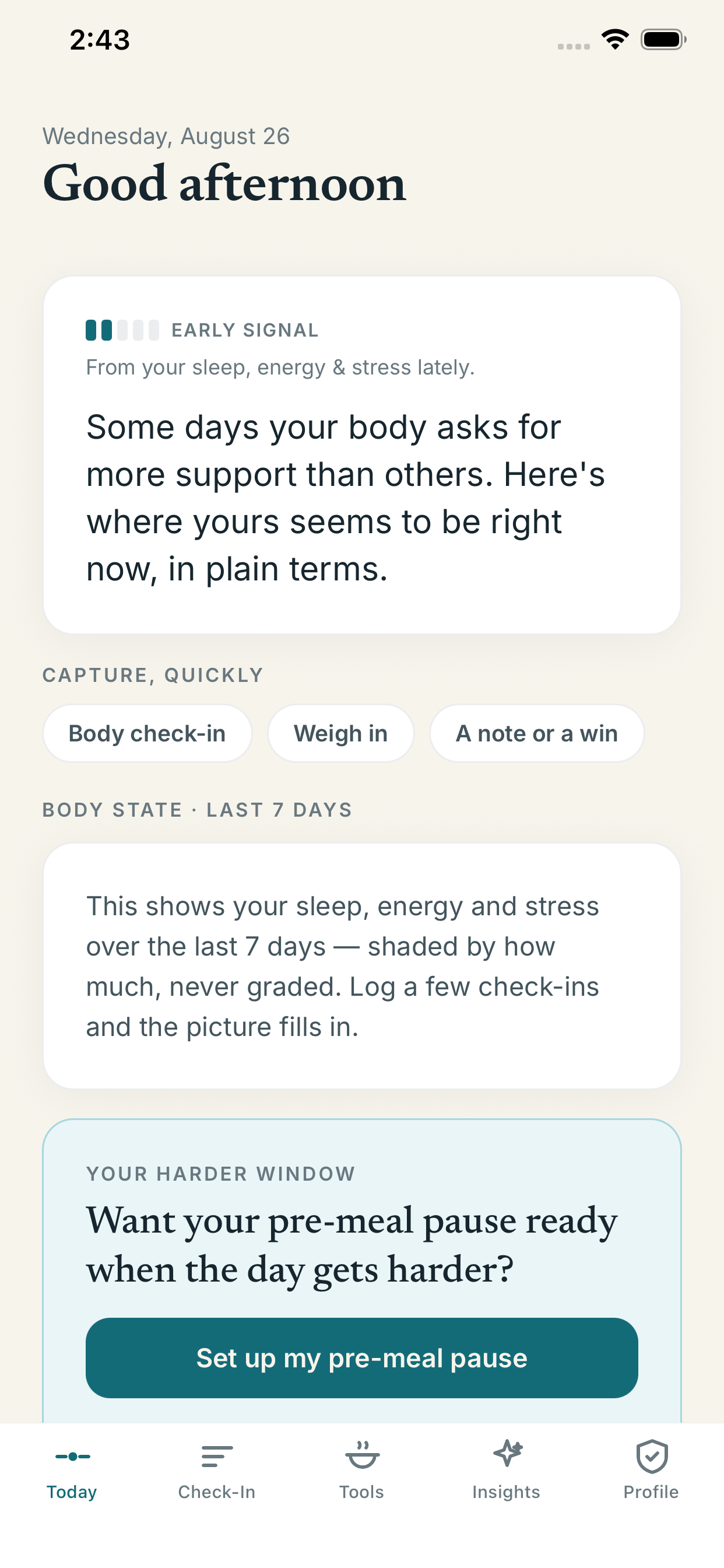 BodyTide Today screen showing a daily check-in and recent entries.