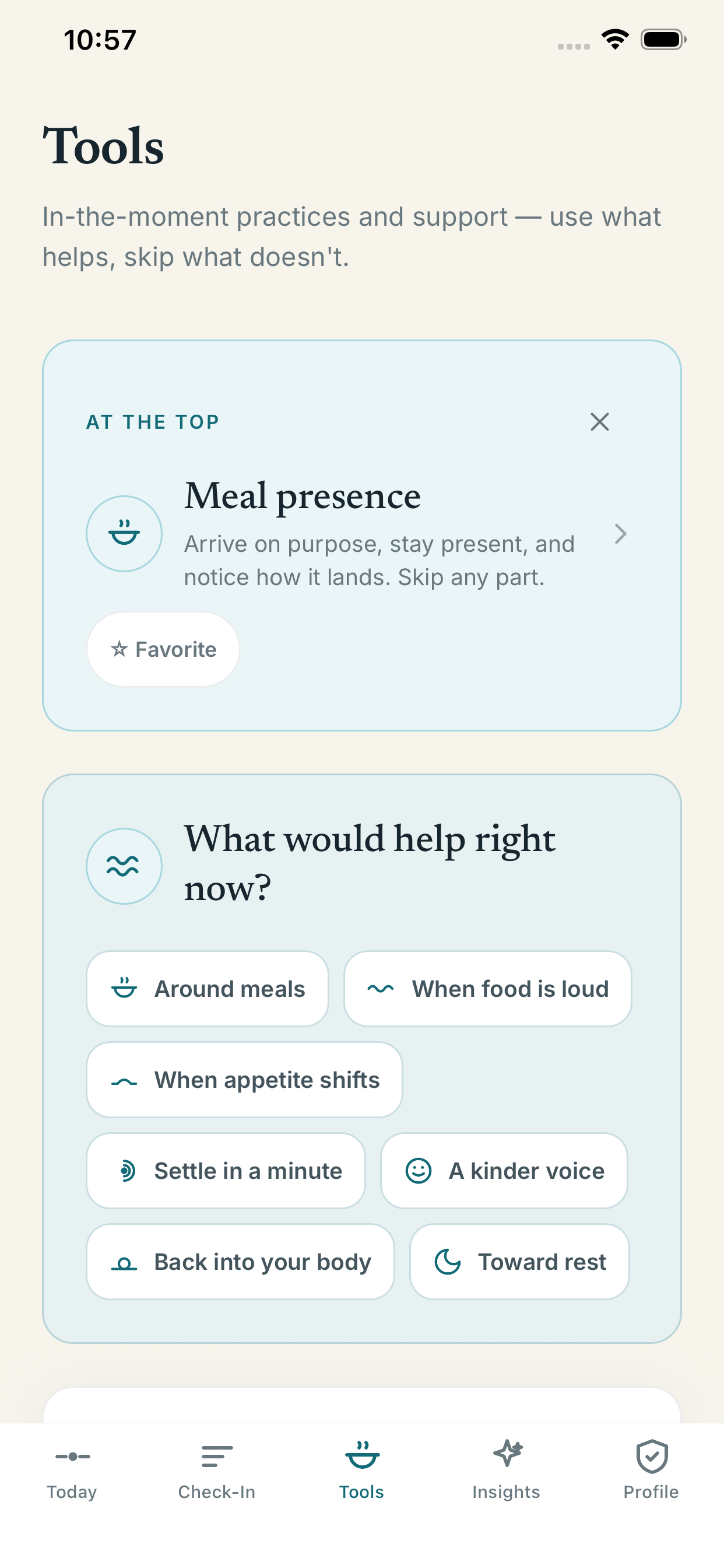 BodyTide Tools screen showing meal presence and short body-awareness practices.