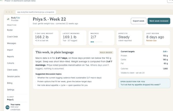 BodyTide provider client snapshot with sample weekly observations and coach targets.