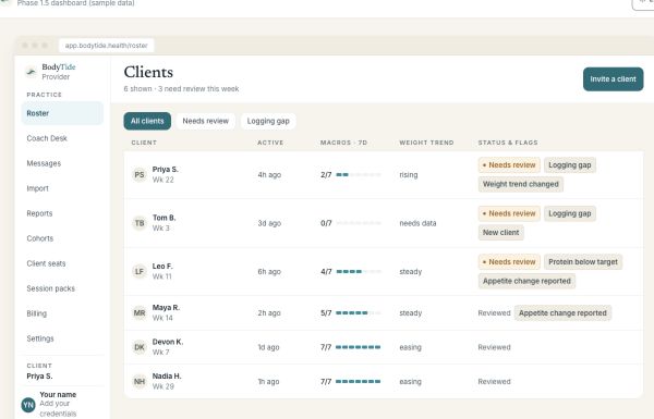BodyTide provider roster with sample clients and weekly status.
